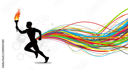 Dynamic athlete runner holding a flaming torch vector illustration with colorful abstract flow lines for creative sports poster design