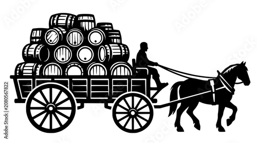 Billede på lærred Horse-drawn cart overloaded with wooden barrels, vintage transportation, delivery and logistics concept