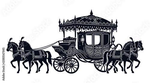 Ornate Horse-Drawn Carriage Silhouette, Royal Transport, Vintage Elegance