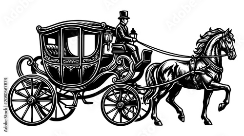 Bild auf Leinwand Vintage Horse-Drawn Carriage with Coachman, Elegant Victorian Transport, Black a