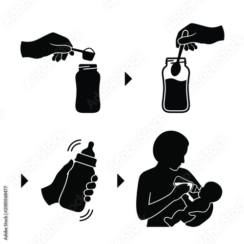 Step-by-step baby bottle preparation and feeding process in icons