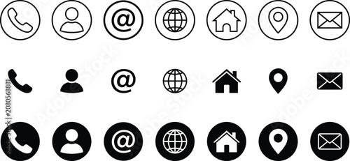 Contact us icon set. Phone, user, mail, home and location elements in minimal outline and solid styles vector illustration. Web and app interface sign for communication and navigation symbol pictogram