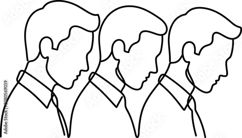 Obraz na płótnie Minimalist continuous line art illustration of three identical businessmen in profile view