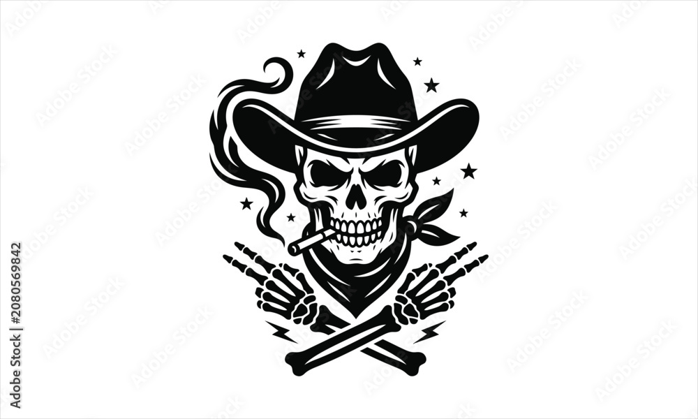 Fototapeta premium Cowboy Skull vector, Cowboy Skeleton silhouette illustration pack design, cowboy skull silhouette vector, cowboy skeleton vector, western skull illustration, western skeleton silhouette, cowboy skull 