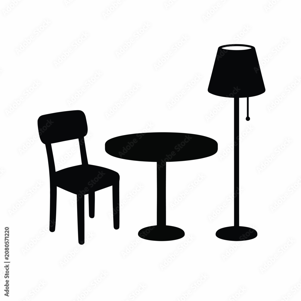 Fototapeta premium Minimalist black chair, table, and floor lamp silhouette set
