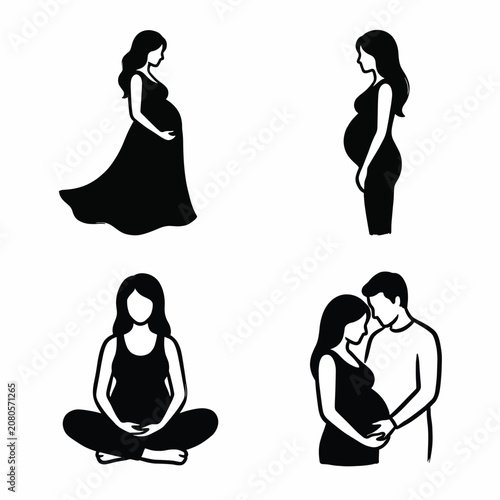 Pregnancy silhouettes in black and white illustration set