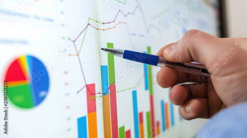 Business professional analyzing marketing data on colorful charts and graphs with pen