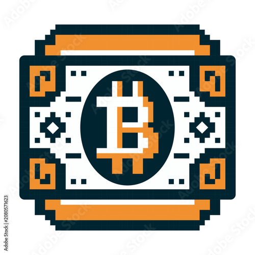 A graphic shows the Bitcoin symbol in the center, surrounded by decorative elements. The design uses bold colors and simple shapes, representing digital currency and technology