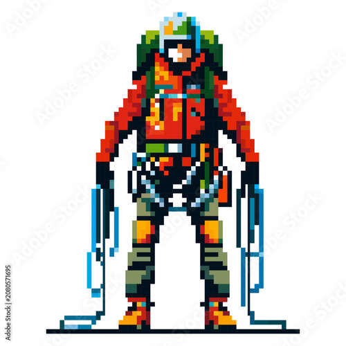 A climber stands with gear on their back and tools in hand, ready to start a mountain climb. The pixel art style adds a retro look to the scene, capturing the spirit of adventure and challenge