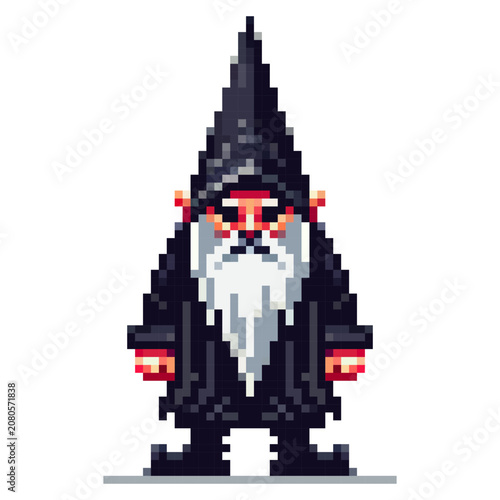A pixel art character is seen in a black cloak and pointed hat. The character has a long white beard and stands still. The background is plain without any detail