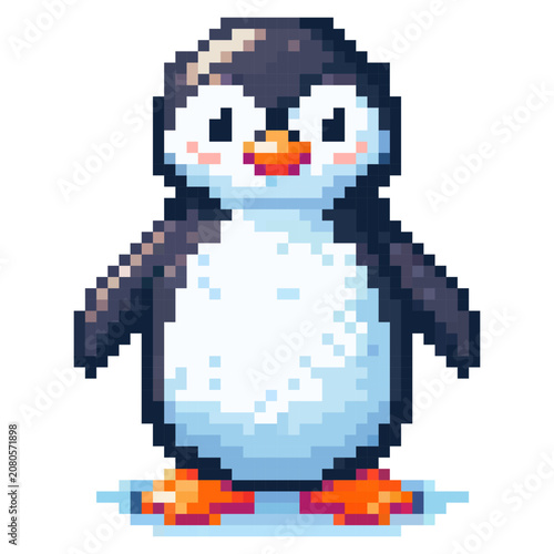 The penguin stands proudly on a patch of ice with its wings slightly out and a cheerful expression. It is drawn in a simple pixel art style, displaying bold colors and clarity