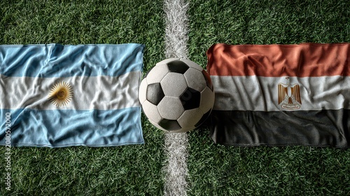 Argentina and Egypt national flags with a soccer ball on a green grass football field, concept of international football match and competition.