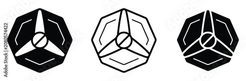 Bilde på lerret Industrial valve handle or hexagon control knob icon vector set with three spoke mechanical propeller symbol for plumbing, machinery operation, and engineering interface design