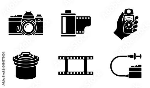 Obraz na plátně Vintage Camera Icons Set, Film Roll, Light Meter, Photography Equipment Graphics