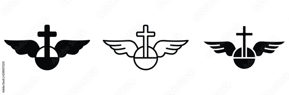 Obraz premium Christian cross with angel wings and globe icon vector set for religious baptism, church faith symbol, and spiritual funeral monument concept design isolated on white background.