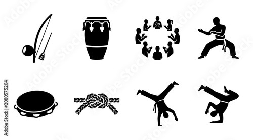 Foto Capoeira Icons Set: Berimbau, Drum, Tamborine, Martial Arts, Acrobatics, Communi
