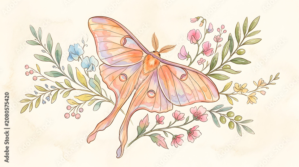 Fototapeta premium A large orange moth with colorful wings flies amidst a lush arrangement of flowers and leaves.