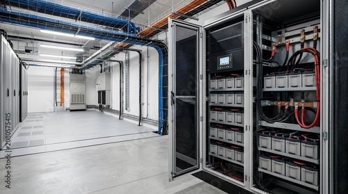 ups battery cabinet inside enterprise data center backup power room with redundant energy storage system for mission critical infrastructure and cloud computing