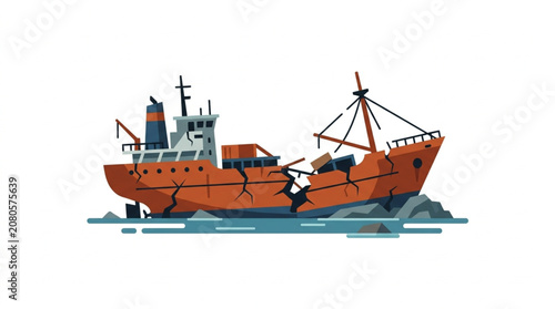 Quadro su tela Broken orange fishing trawler ship listing heavily in rough seas.