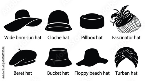 Photos Vintage Women Hat Icon Set - Cloche Beret Turban Vector Silhouettes Isolated on