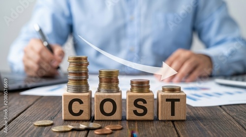 Close up of cost reduction concept with wooden blocks spelling cost stacked coins decreasing in size and downward arrow with businessman background