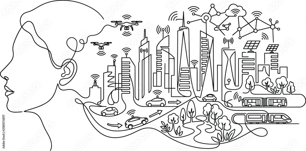 Fototapeta premium Line Art Illustration Of Cityscape Drones And Human Profile
