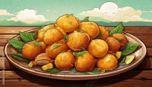 Delicious Golden Fried Orbs Served on a Rustic Plate with Green Leaves.