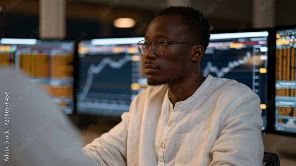 Fototapeta premium AI algorithmic trading system executing hundreds of simultaneous equity orders shown on multi-screen financial terminal in empty trading floor at night, graph lines spiking