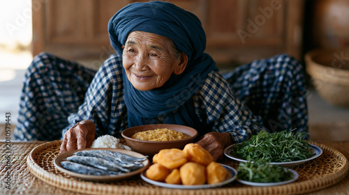 Vietnamese island centenarian arranges morning meal of fermented fish, sweet potato, and wild greens on woven mat, child perspective low angle looking up at elder, blue zone diet