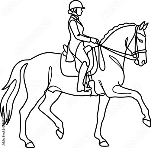 Foto Continuous line art of a professional equestrian woman riding a dressage horse