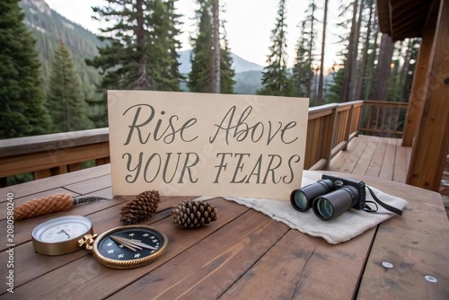 Inspirational Quote Sign on Deck with Nature Background and Tools