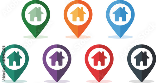 Home location, marker icon set, colorful map pin symbols, address finder, navigation, real estate, home location, route planning, user interface design.