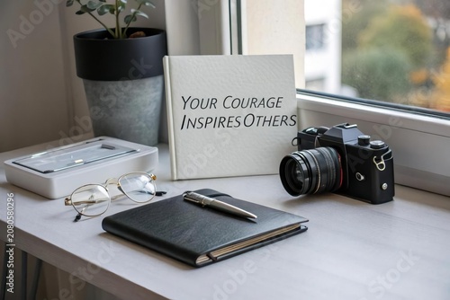 Inspirational Workspace with Camera, Notebook, and Glasses on Table