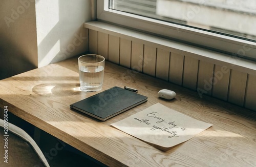 Inspiring Workspace with Notes, Water Glass, and Natural Light