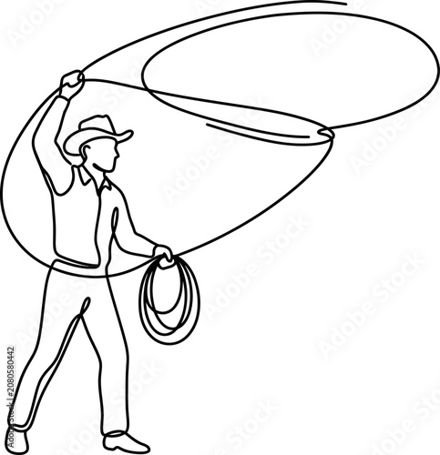Quadro su tela Continuous line drawing of a cowboy swinging a lasso rope.