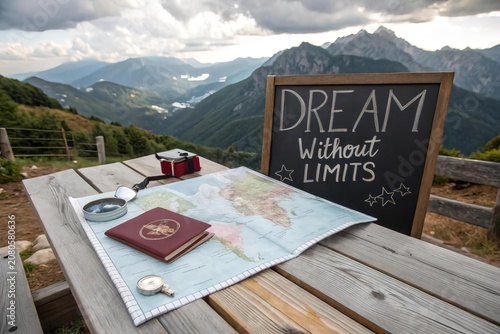 Scenic View of Adventure Gear on Table with Inspirational Signage