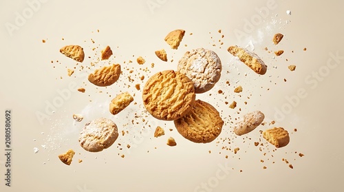 Cookies are flying through the air with crumbs and pieces around them