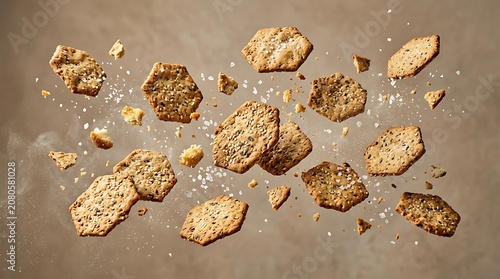 Scattered toasted baguette slices with butter melting on a rustic surface