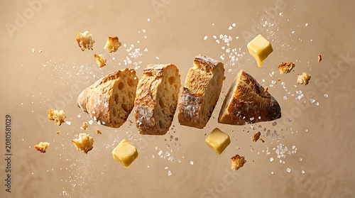 Sliced scones and butter chunks fly through air on brown surface