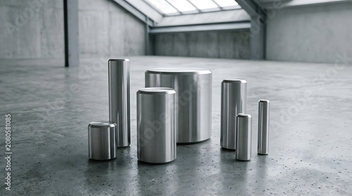 Metal cylinders arranged on concrete floor in industrial space