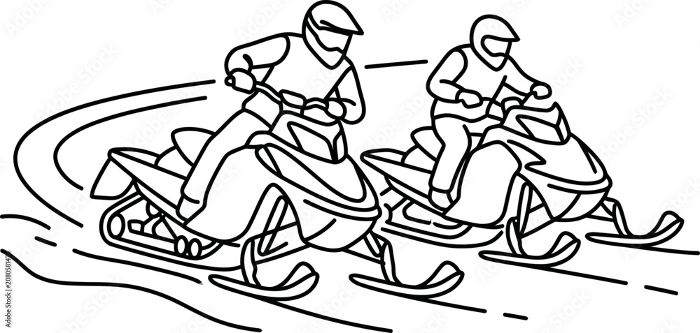 Obraz premium Two people riding snowmobiles on snowy winter landscape.