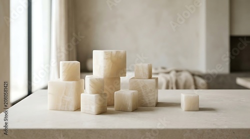 A serene still life of white candles arranged on a beige table indoors.