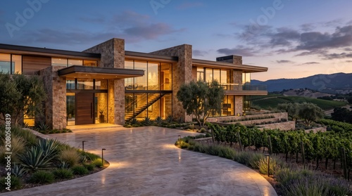 Modern stone residence overlooking hillside vineyard at dusk