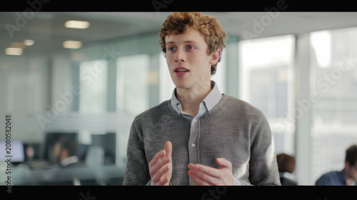 Young professional man presenting a new business idea to colleagues in a modern office setting with natural light