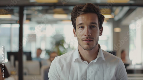 Young professional man presenting new business idea to colleagues in modern office setting with blurred background