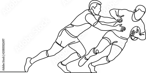Photos Continuous line drawing of two rugby players tackling.