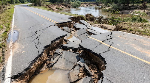 Road collapsing into a muddy river after a severe flood, revealing widespread destruction and infrastructure damage from natural disaster