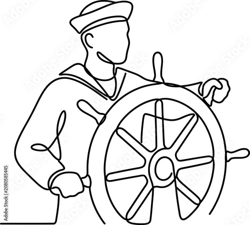 Continuous one line drawing of a sailor steering a ship.