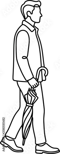 Continuous line drawing of a man walking with an umbrella.