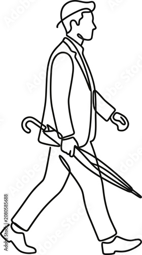 Continuous line drawing of a man walking with an umbrella.